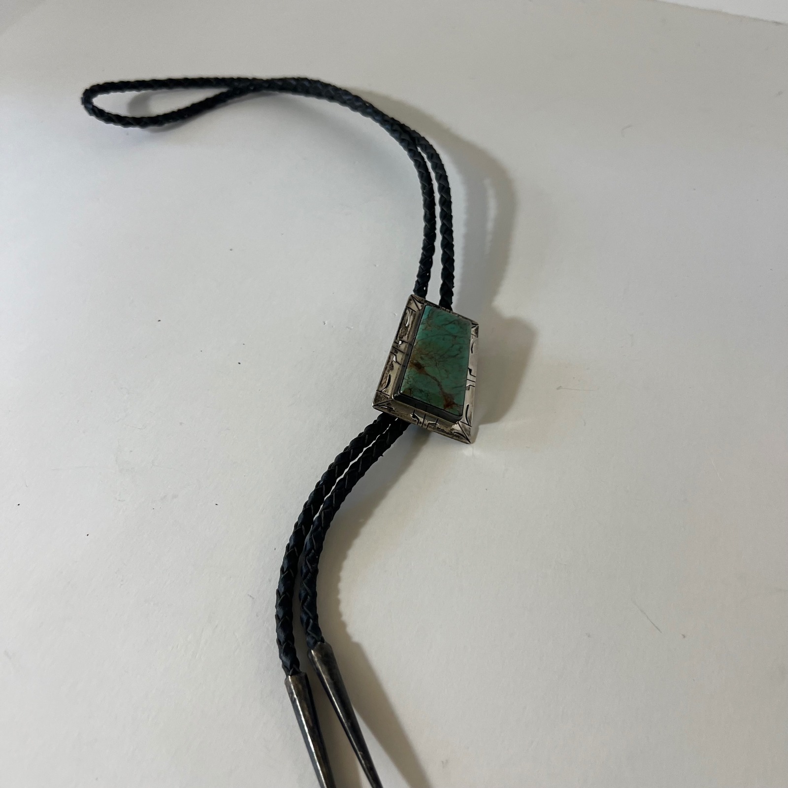 Vintage Native Navajo Sterling Silver Turquoise Bolo Tie Leather Signed